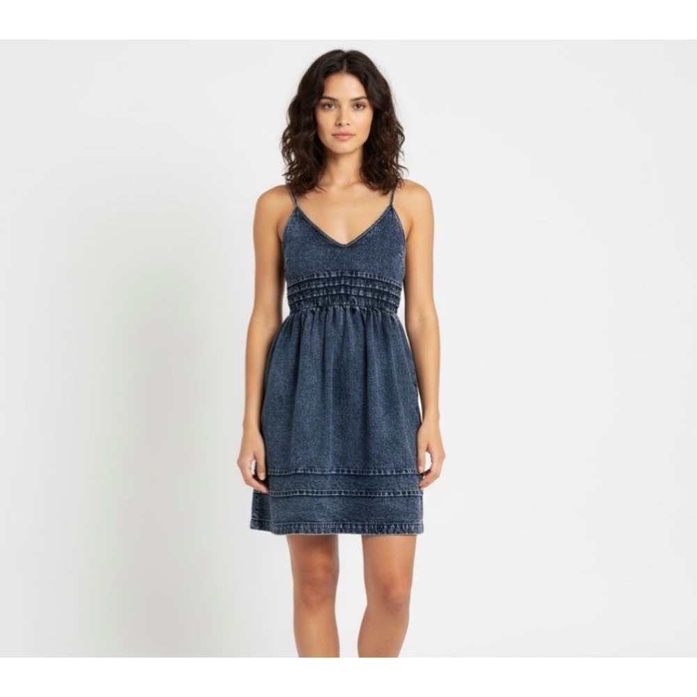 BIBI Women Lg Denim Smocked Waist Spaghetti Strap Mini Dress Blue Western Casual